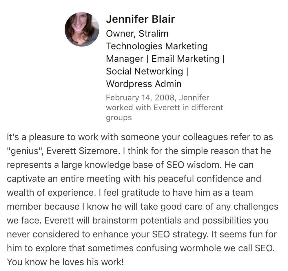 Jennifer's SEO Recommendation for Everett Sizemore